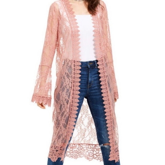 Polly & Esther Tops - Pink lace floral kimono